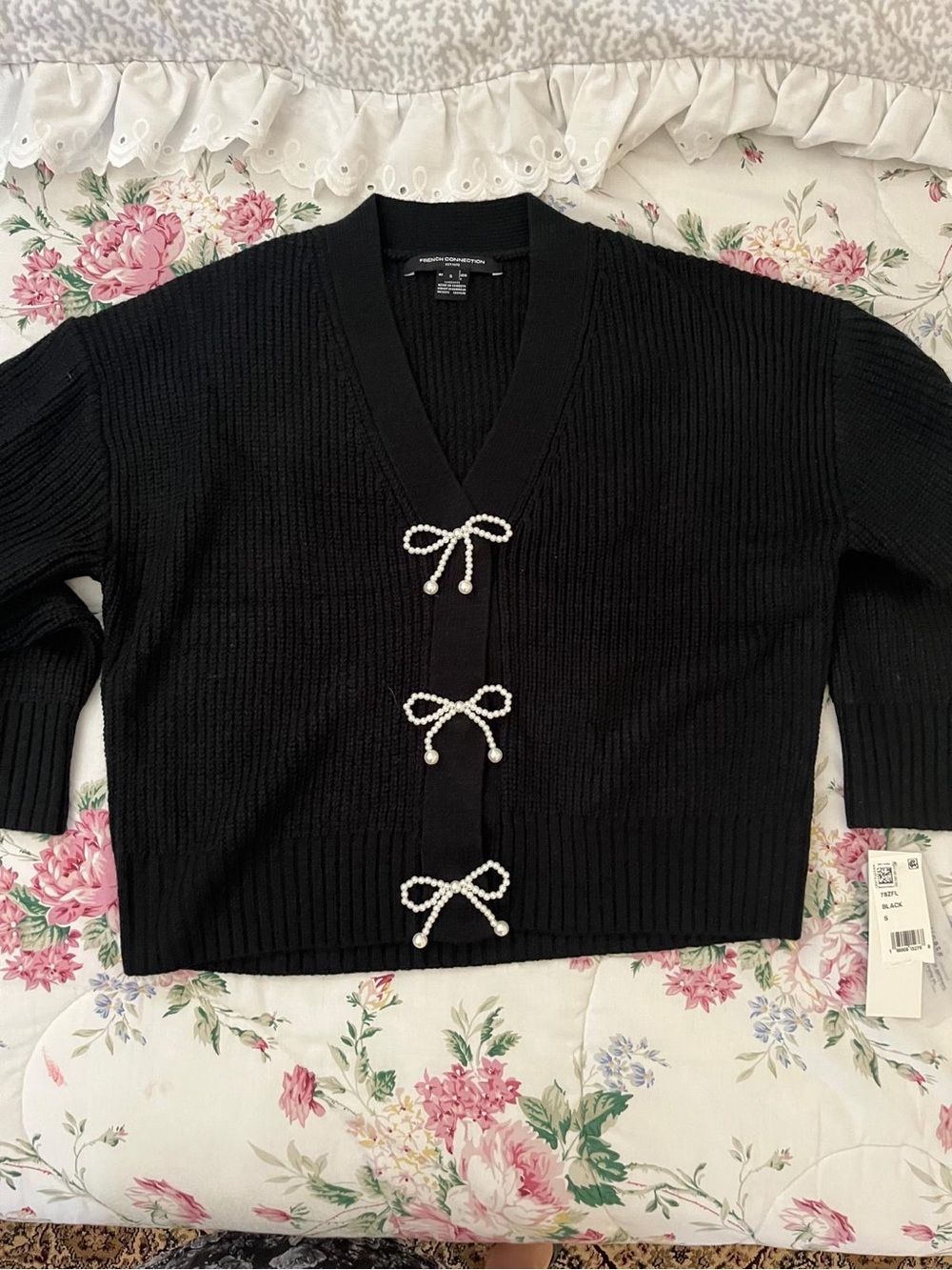 French Connection Black V-Neck Cardigan with Pearl Bow Buttons